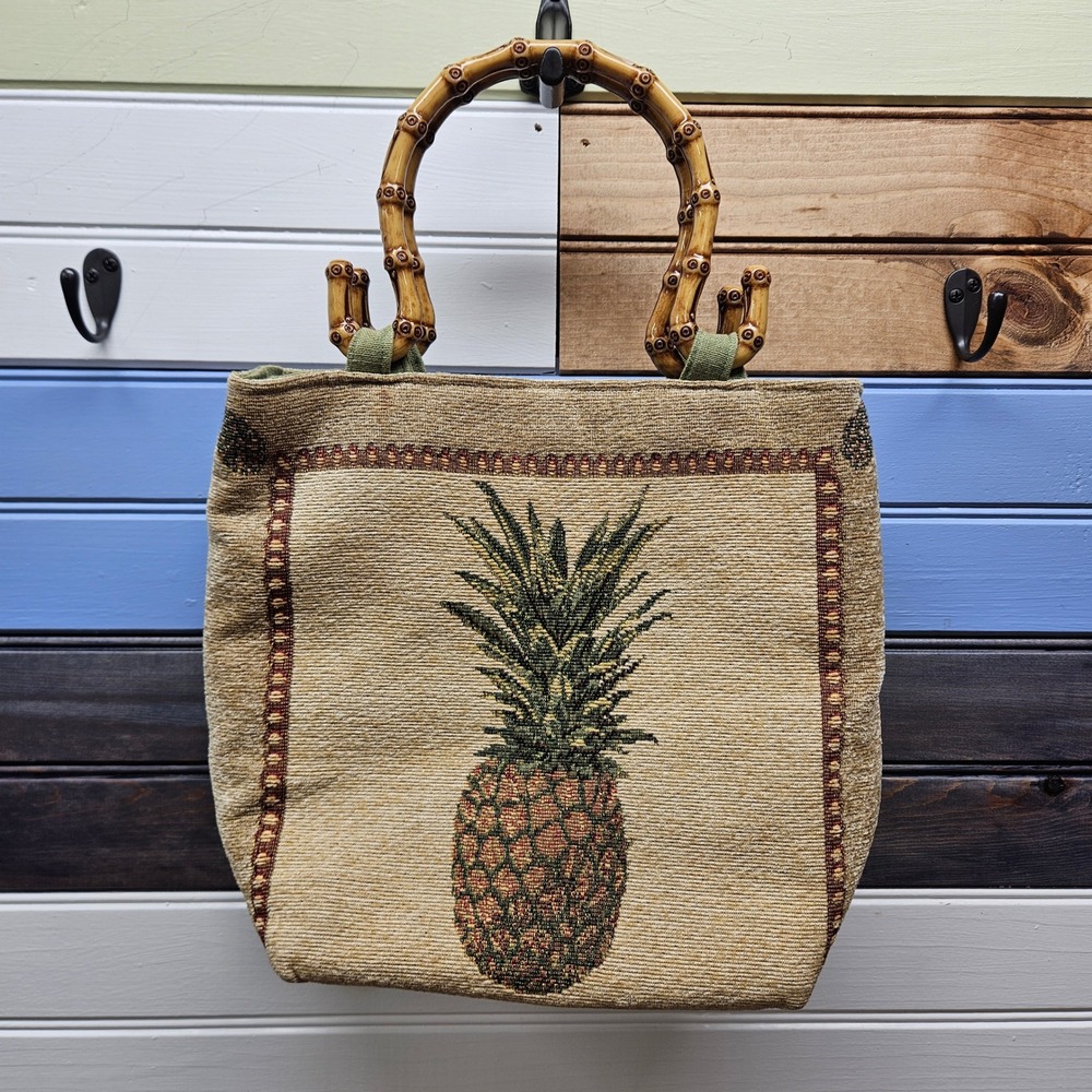 Vintage Pineapple Tapestry Tote Bag with Bamboo Handles Beige Green Tropical